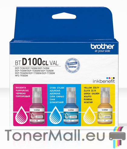 Комплект 3 бутилки с мастило BROTHER BTD100CLVAL Cyan, Yellow, Magenta
