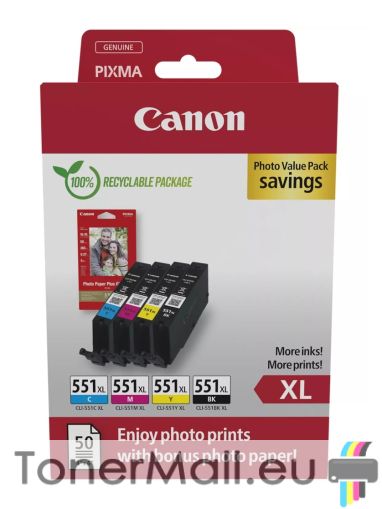 Комплект 4бр. мастилени касети CANON CLI-551XL C/M/Y/BK Photo Value Pack + 50sht. photo paper 