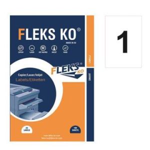 Етикети Fleks Ko бели, прави ъгли, 210x297 mm А4, 100 л., 1 етикет / лист, рязан гръб