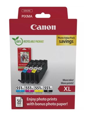 Комплект 4бр. мастилени касети CANON CLI-551XL C/M/Y/BK Photo Value Pack + 50sht. photo paper 